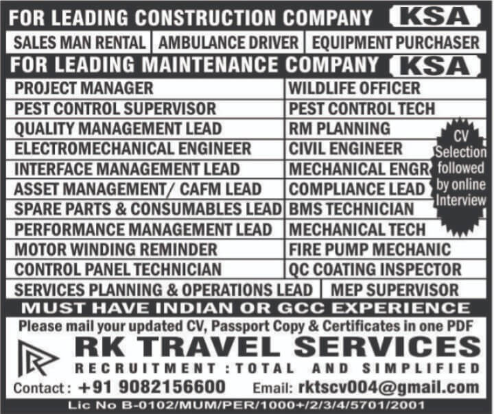 HIRING FOR LEADING CONSTRUCTION COMPANY