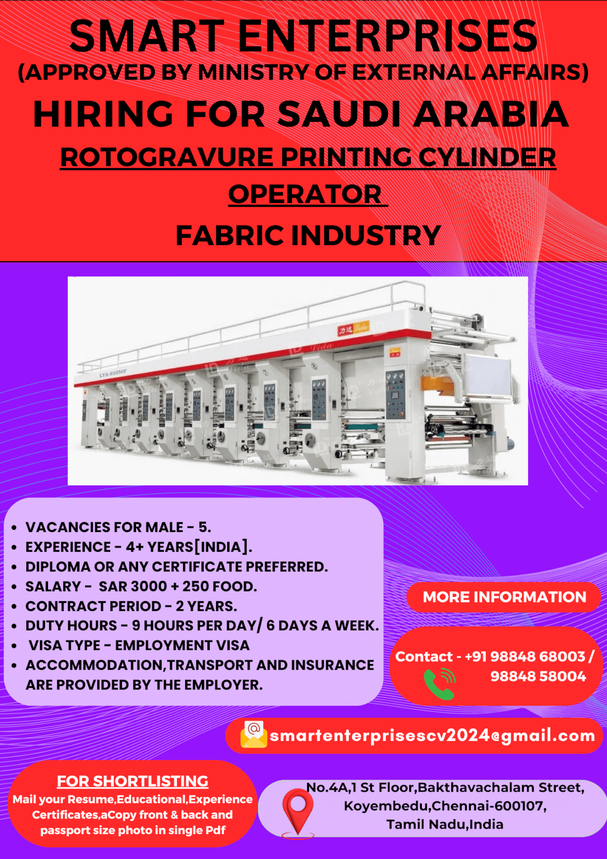 •	ROTOGRAVURE PRINTING CYLINDER OPERATOR FOR FABRIC INDUSTRY