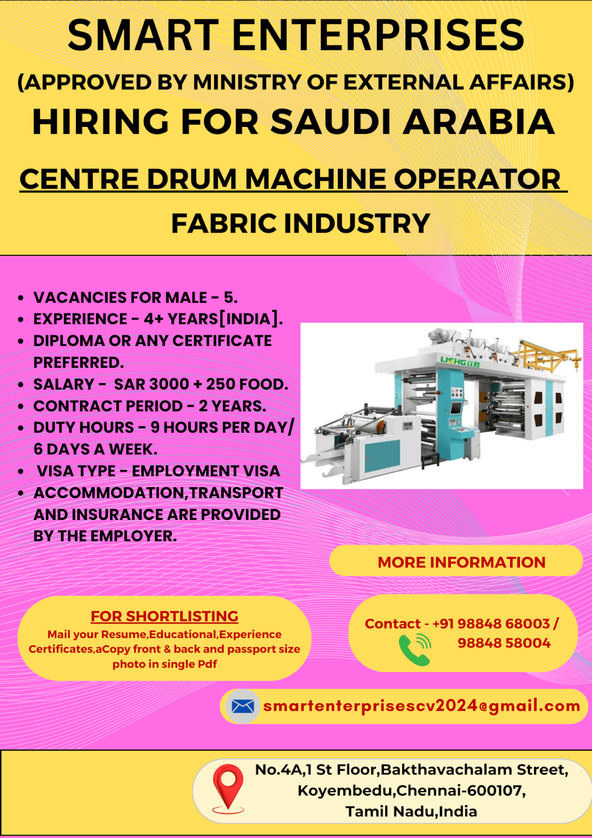 •	CENTRE DRUM MACHINE OPERATOR FABRIC INDUSTRY