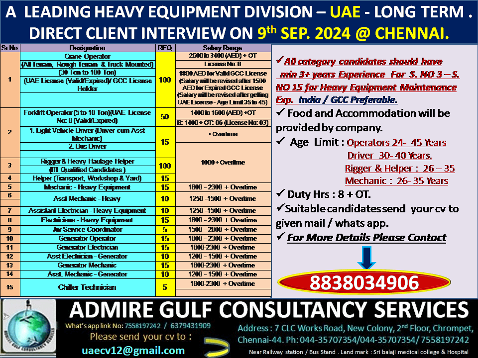 A  LEADING  EQUIPMENT DIVISION  -UAE -LONG TERM . DIRECT CLIENT INETRVIEW 9TH OCTOBER 2024  @ CHENNAI