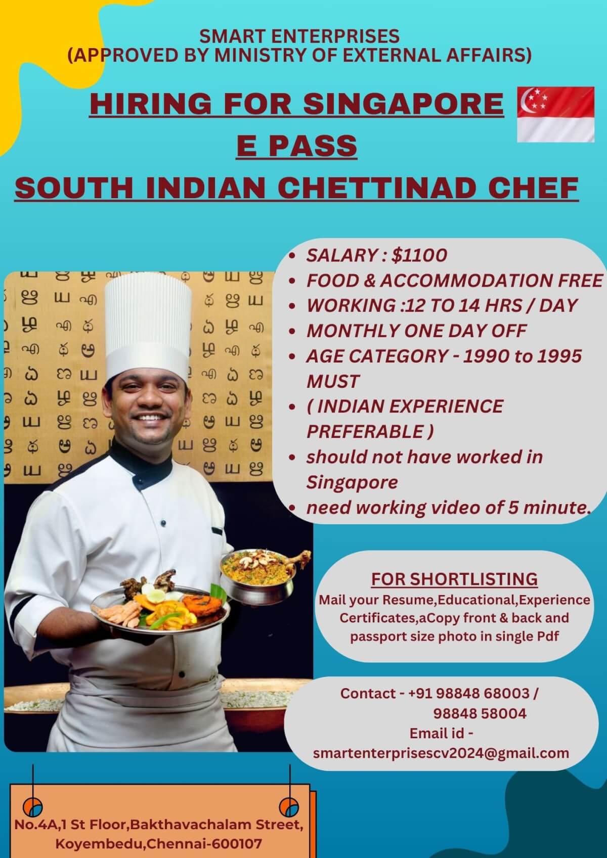 HIRING FOR SINGAPORE SOUTH INDIAN CHETTINAD