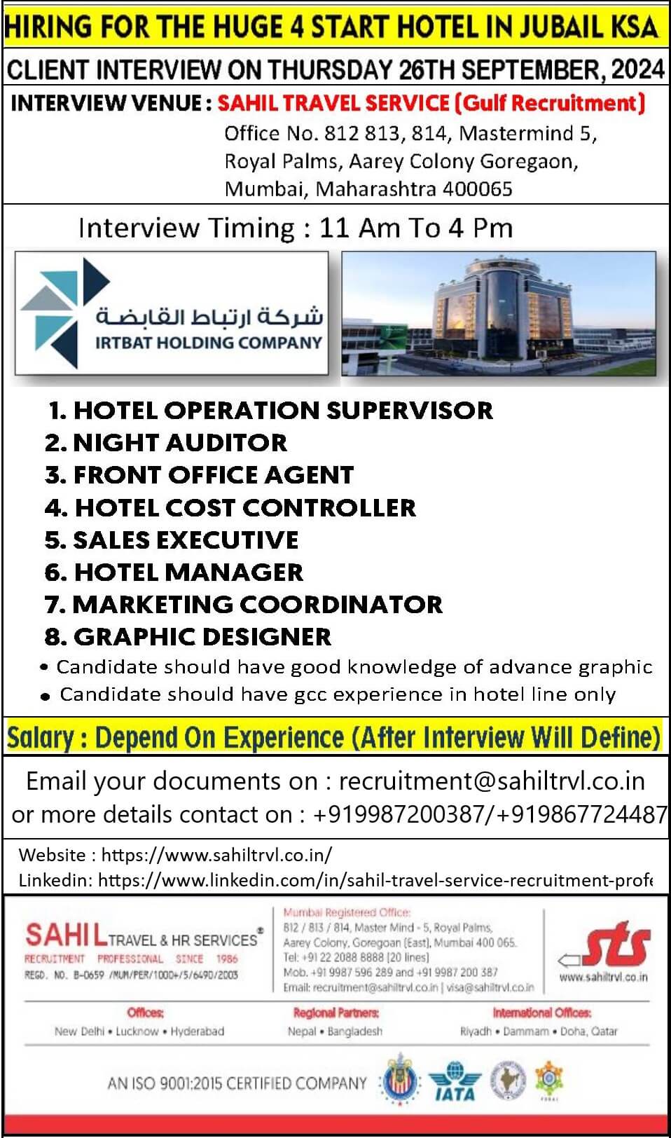 Client Interview on Thursday 26th September For 4 start Hotel in Jubail , Saudi Arabia.