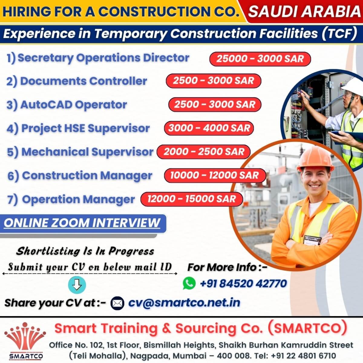 HIRING FOR A CONSTRUCTION CO. SAUDI ARABIA