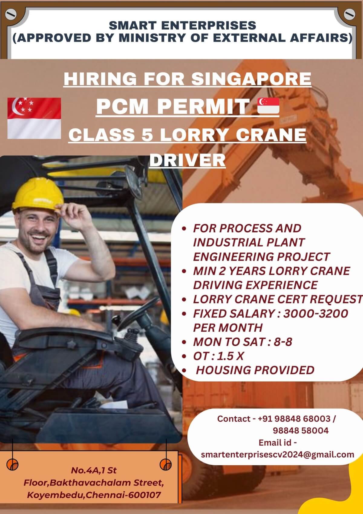 HIRING FOR SINGAPORE PCM PERMIT CLASS 5 LORRY CRANE DRIVER