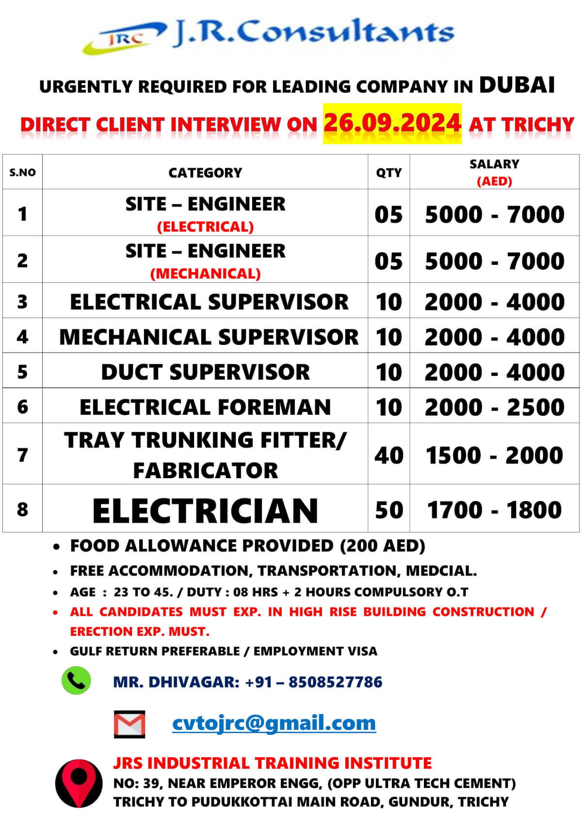 URGENTLY REQUIRED FOR LEADING COMPANY IN DUBAI DIRECT CLIENT INTERVIEW ON 26.09.2024 AT TRICHY