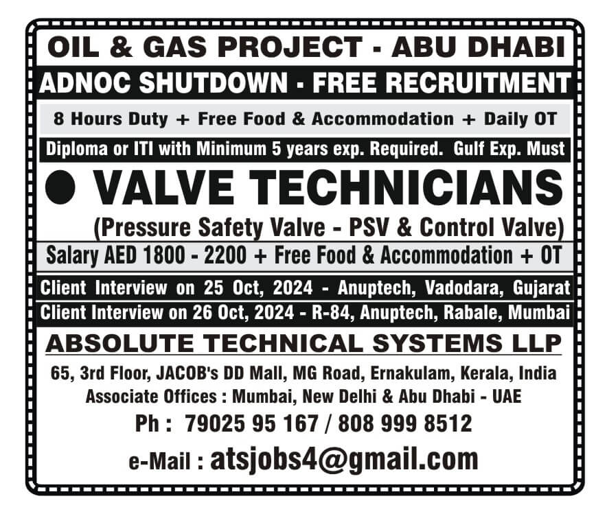 Free Recruitment - Valve Technicians for Abu Dhabi