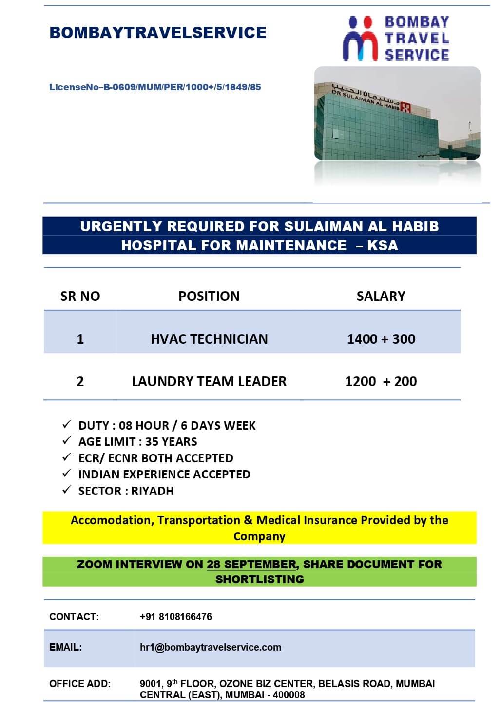 URGENTLY REQUIRED FOR A LEADING HOSPITAL MAINTENANCE - SAUDI ARABIA