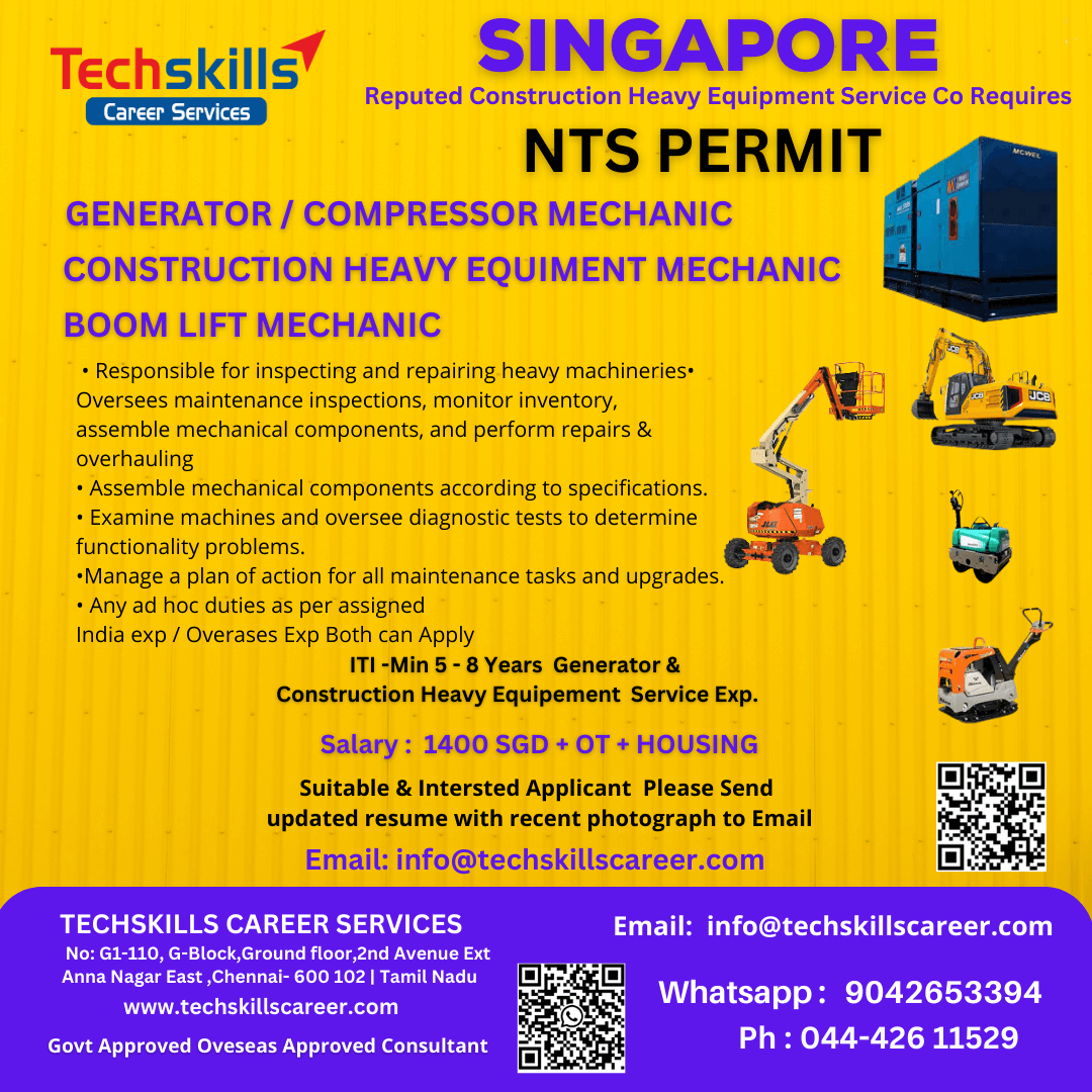 REQUIRE FOR SINGAPORE- GENERATOR MECHANIC / BOOM LIFT MECHANIC