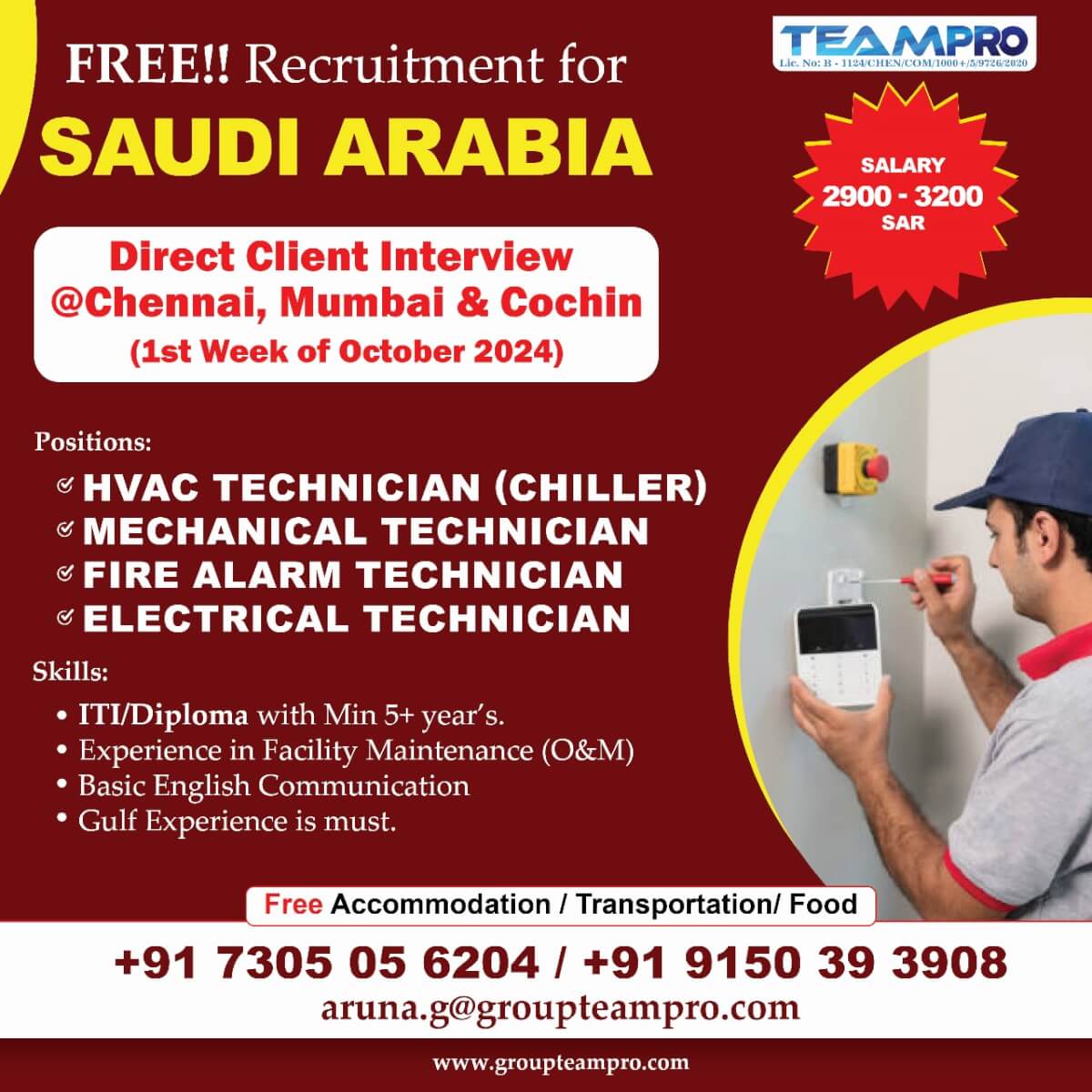 Free Recruitment for Saudi Arabia, Direct Client Interview @ Chennai , Cochin & Mumbai