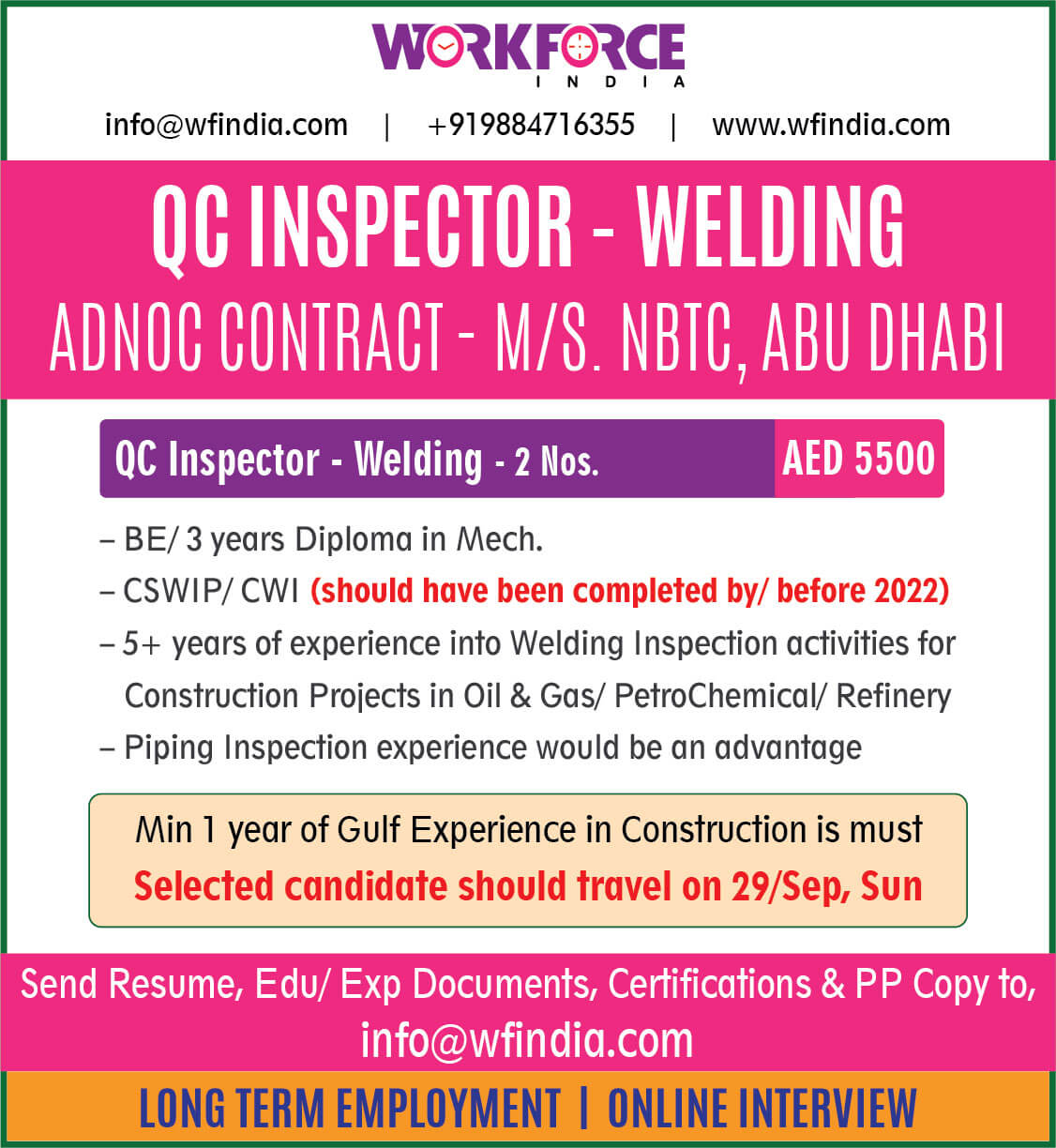 QC Welding Inspector - ADNOC Contract - M/S. NBTC, Abu Dhabi, UAE