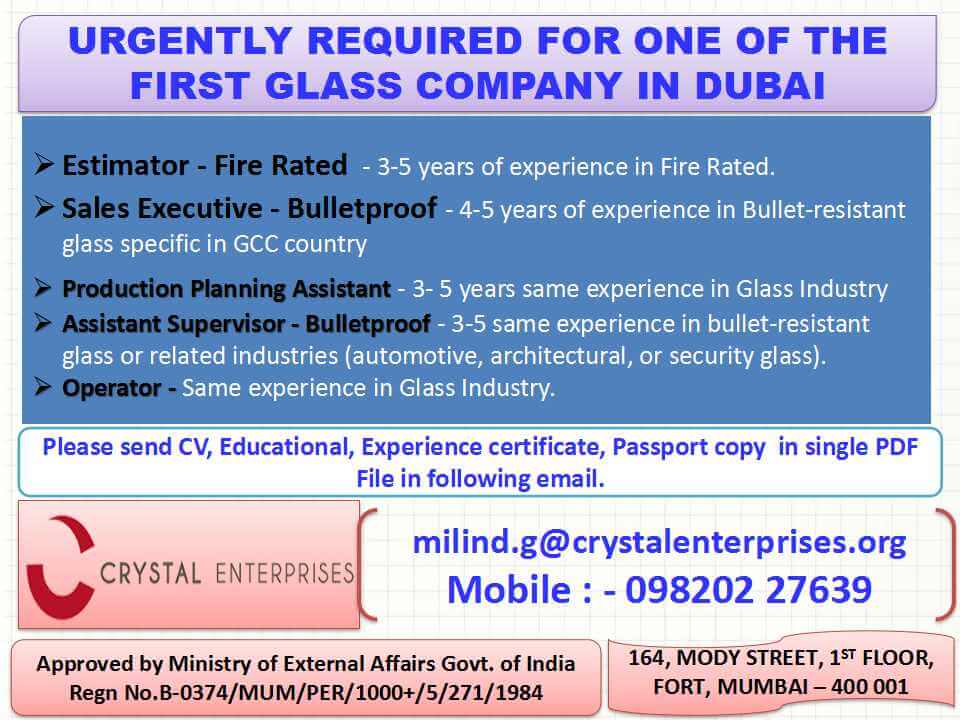 URGENTLY REQUIRED FOR ONE OF THE FIRST GLASS COMPANY IN DUBAI