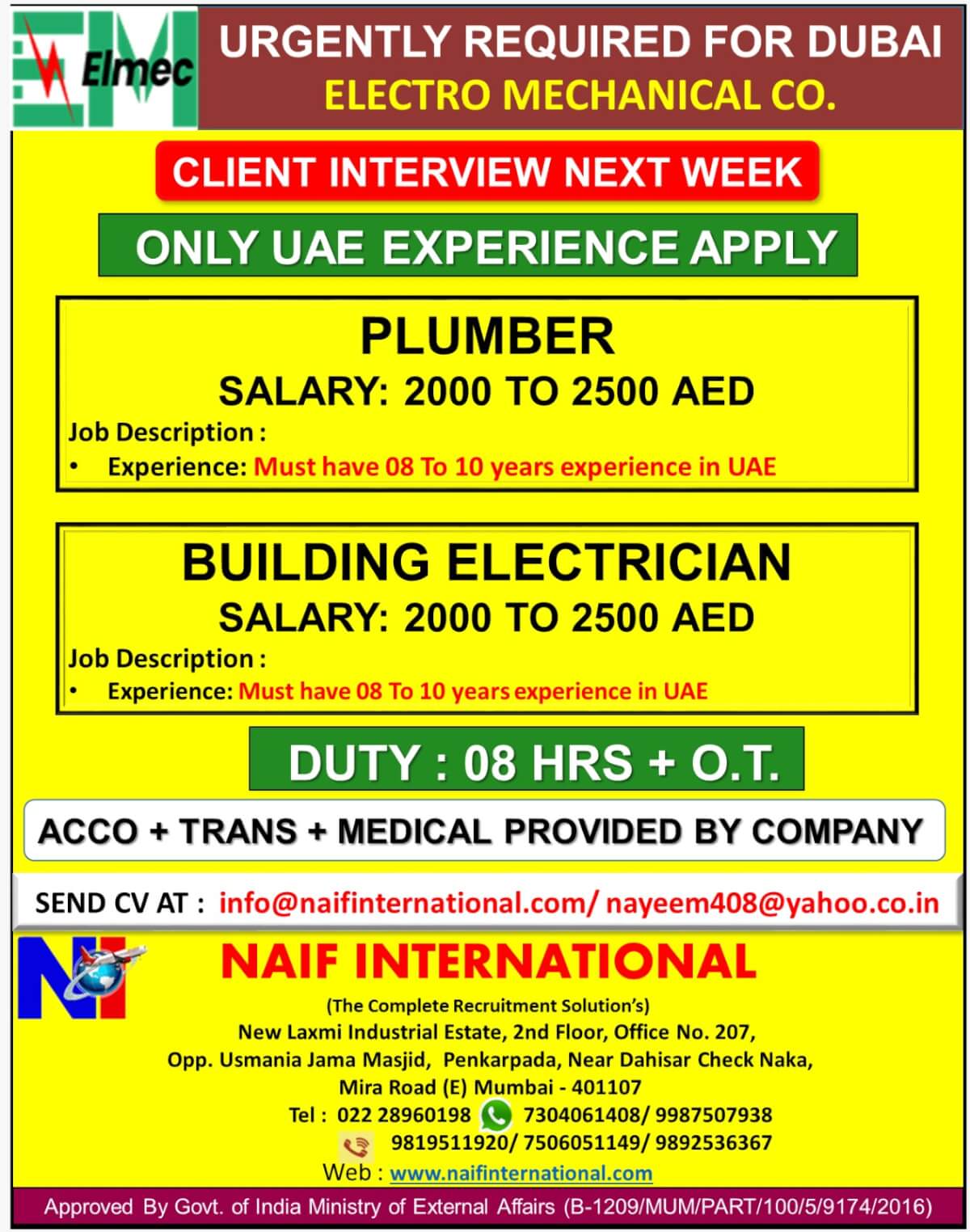 URGENTLY REQUIRED FOR DUBAI ELECTRO MECHANICAL CO.