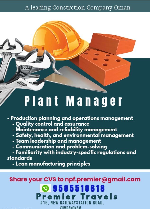 Plant Manager- Bricks (Cement/Inter Lock)