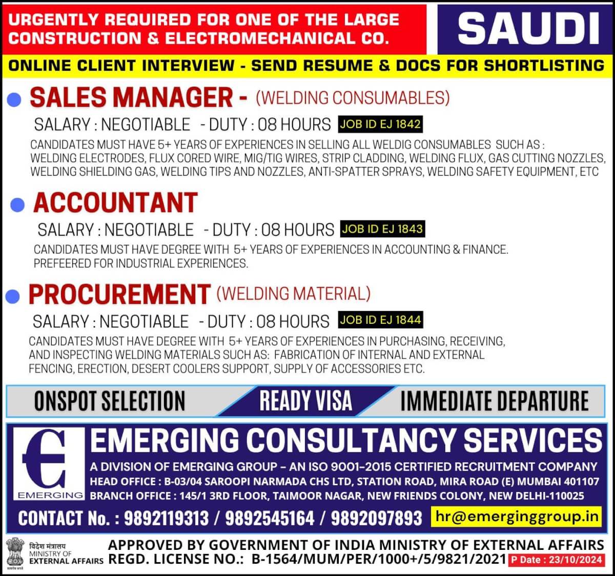 Urgently Required For One Of The Large Construction & Electromechanical Company In Saudi Arabia