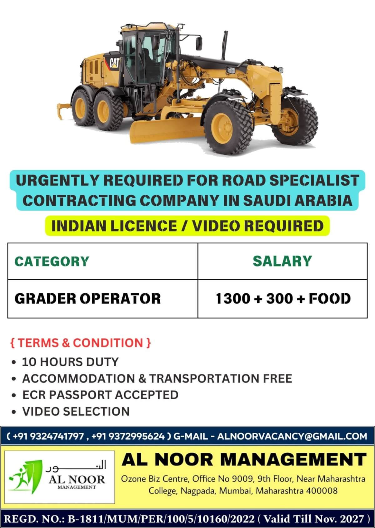 URGENTLY REQUIRED FOR ROAD SPECIALIST CONTRACTING COMPANY IN SAUDI ARABIA