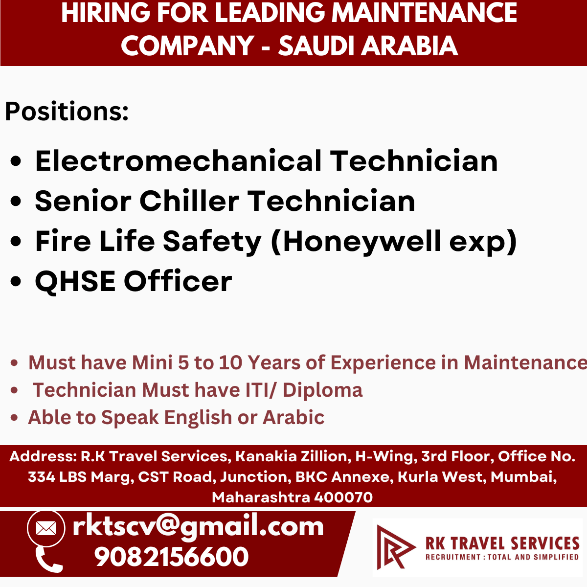 hiring for Leading Maintenance Company - Saudi Arabia