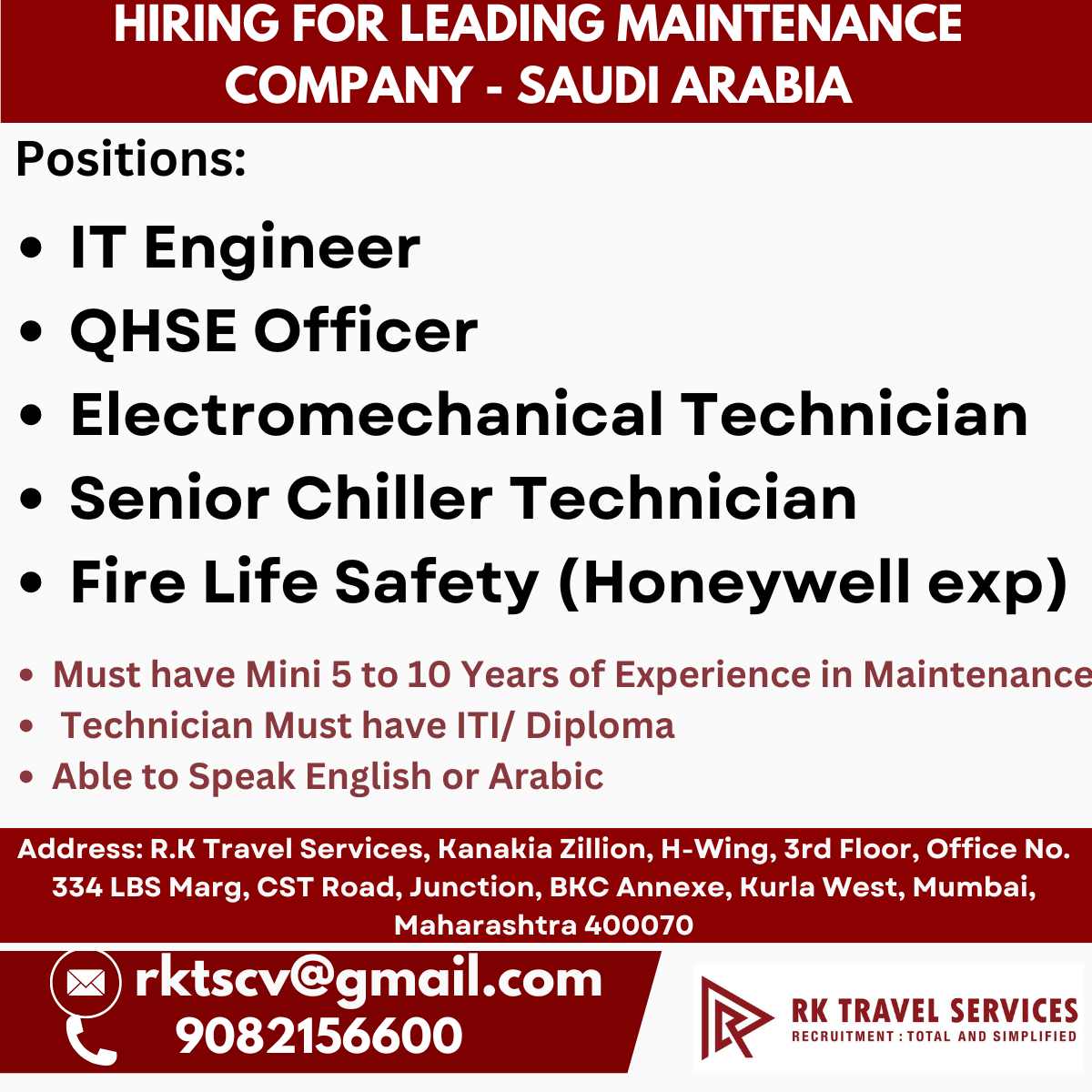 hiring for Leading Maintenance Company - Saudi Arabia