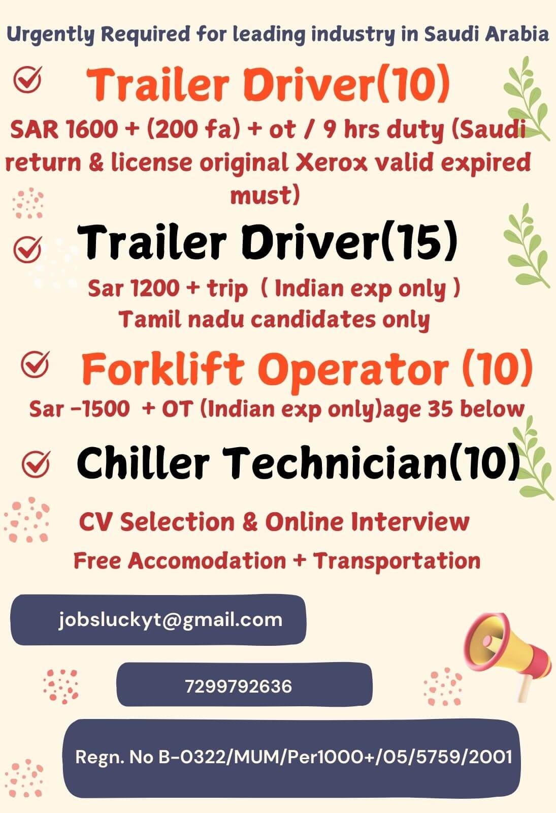 Urgently Hiring Chiller Technician for Saudi Arabia (Maintenance project for chiller plant) / Trailer Driver CV SELECTION & ZOOM INTERVIEW  / CONTACT 7299792636