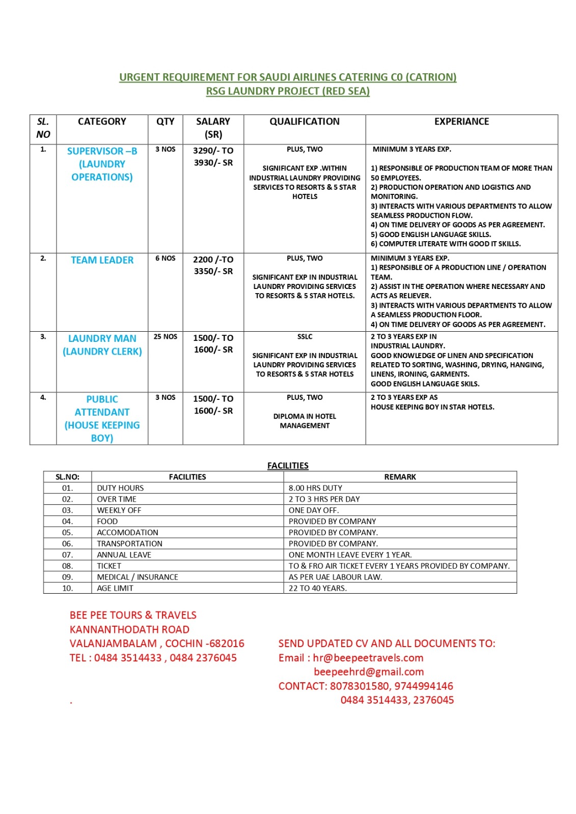 SUPERVISOR-B (LAUNDRY OPERATIONS), TEAM LEADER, LAUNDRY MAN (LAUNDRY CLERK), PUBLIC ATTENDANT (HOUSE KEEPING BOY)