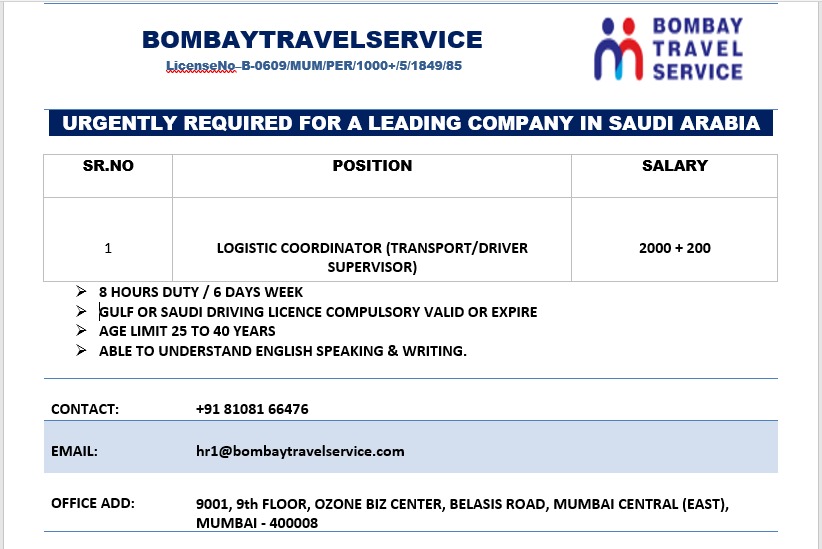 URGENTLY REQUIRED FOR A LEADING COMPANY - SAUDI ARABIA