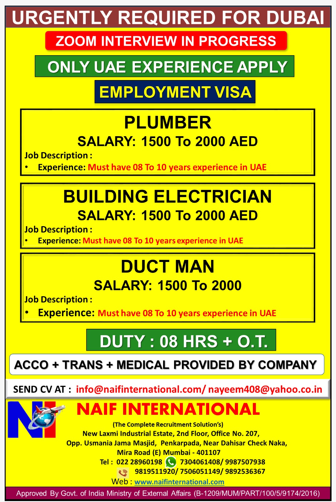 URGENTLY REQUIRED FOR DUBAI