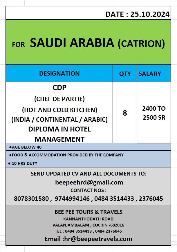 CDP (CHEF DE PARTIE), (HOT AND COLD KITCHEN), (INDIA / CONTINENTAL / ARABIC).