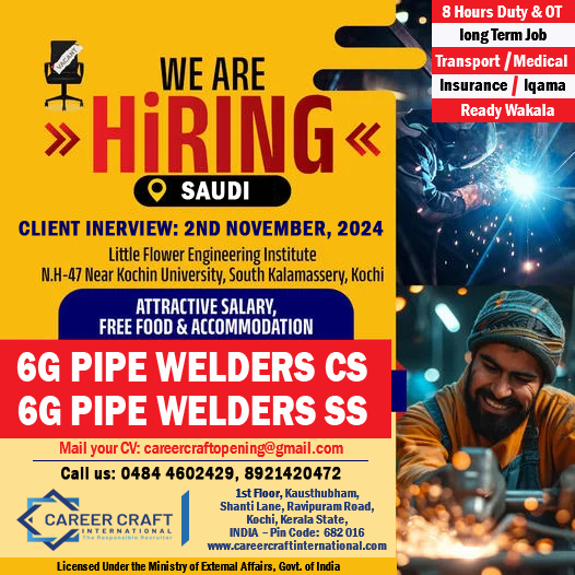 Client Interview at Kochi on 2nd November, 2024 for Welders -