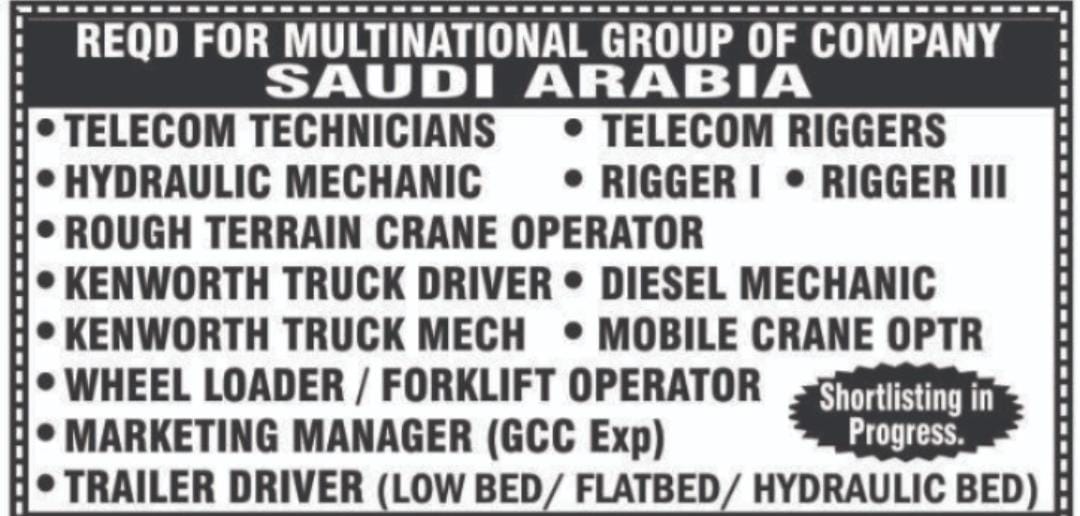 URGENTLY REQUIRED FOR MULTINATIONAL GROUP OF COMPANY DAMMAM K.S.A.