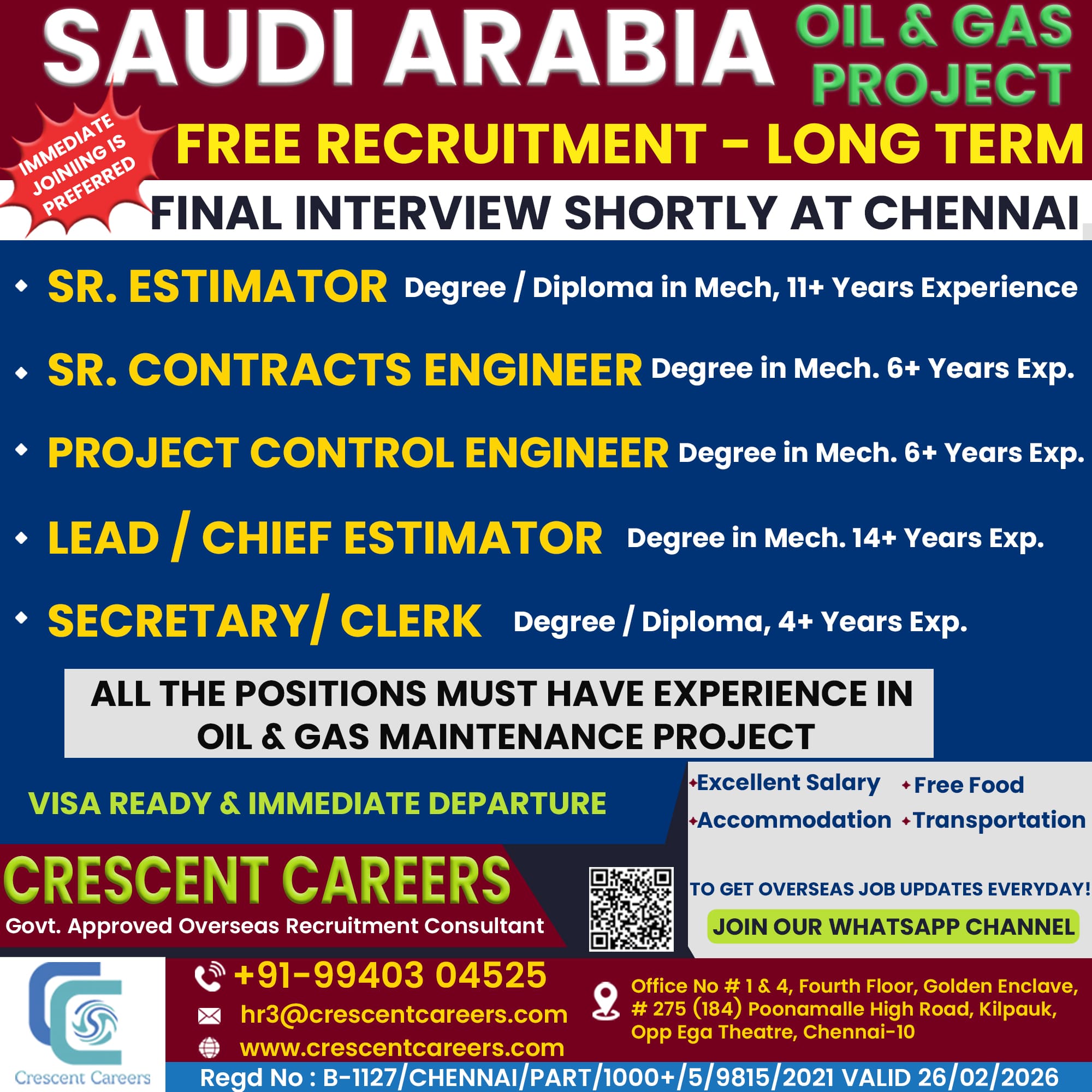 SR.ESTIMATOR / SR. CONTRACTS ENGINEER / PROJECT CONTROL ENGINEER / LEAD/CHIEF ESTIMATOR / SECRETARY/CLERK