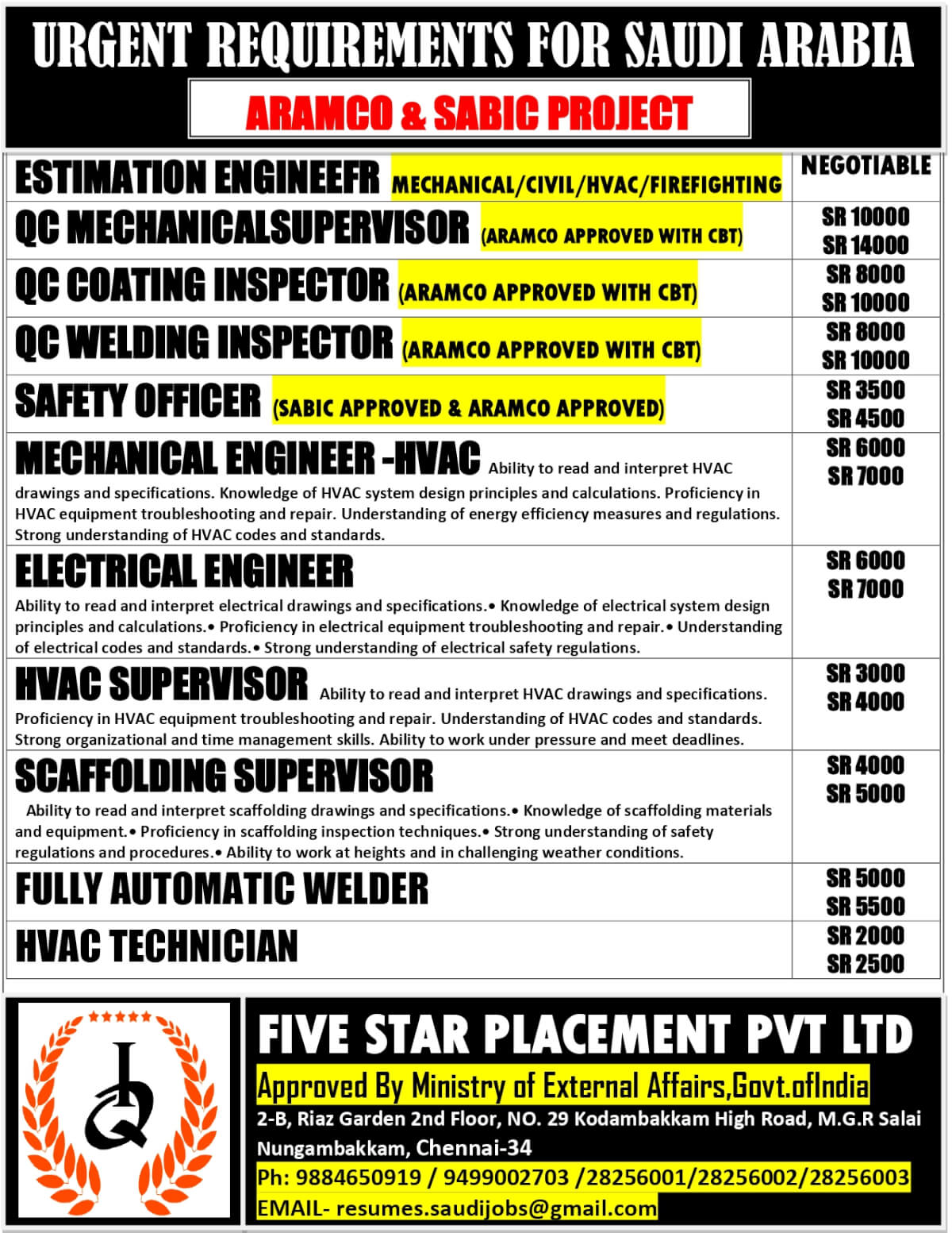 URGENT REQUIREMENTS FOR SAUDI ARABIA