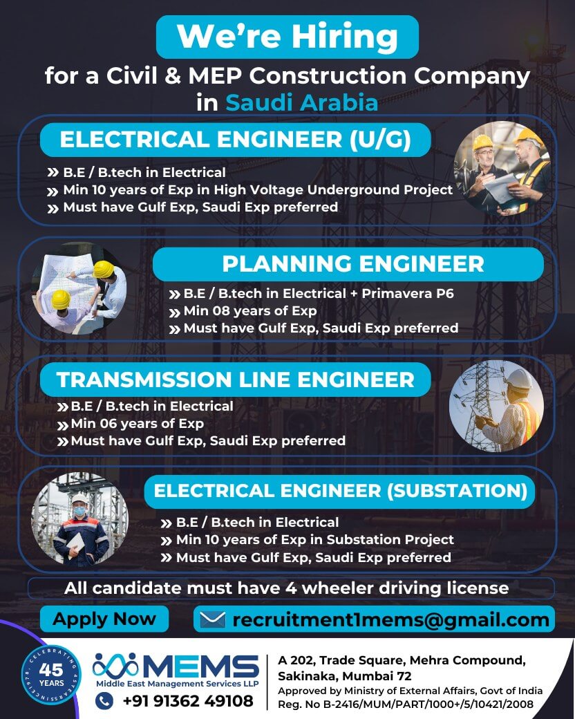 We’re Hiring for a Saudi Electricity Project in Saudi Arabia!