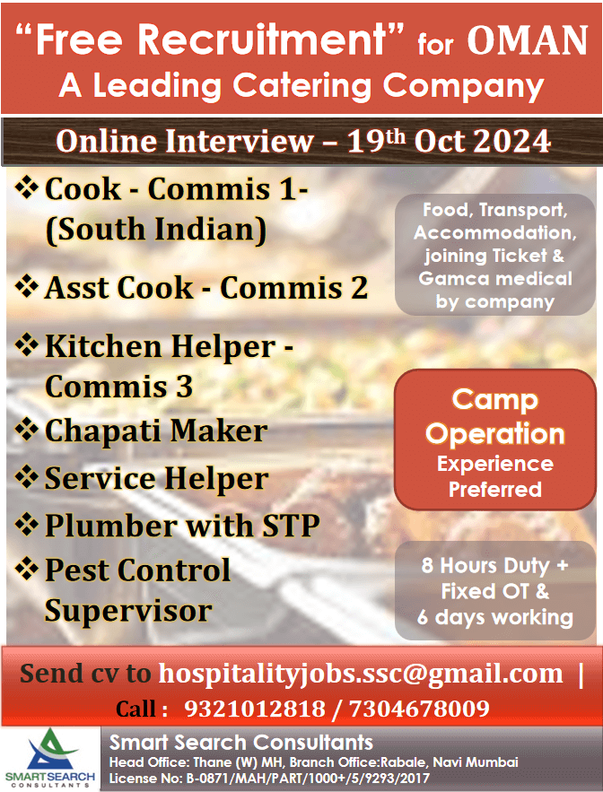 Commis 1/Cook ( South Indian) /  Ass. Cook _Commi2 / Chapati Maker / Service Helper /  Plumber with STP / Pest Control Supervisor