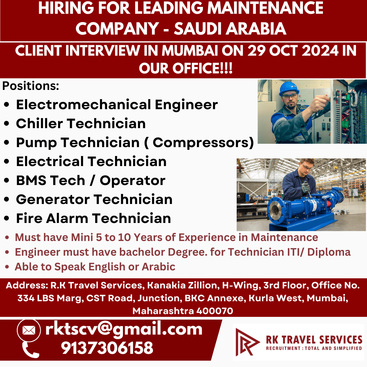 hiring for Leading Maintenance Company - Saudi Arabia