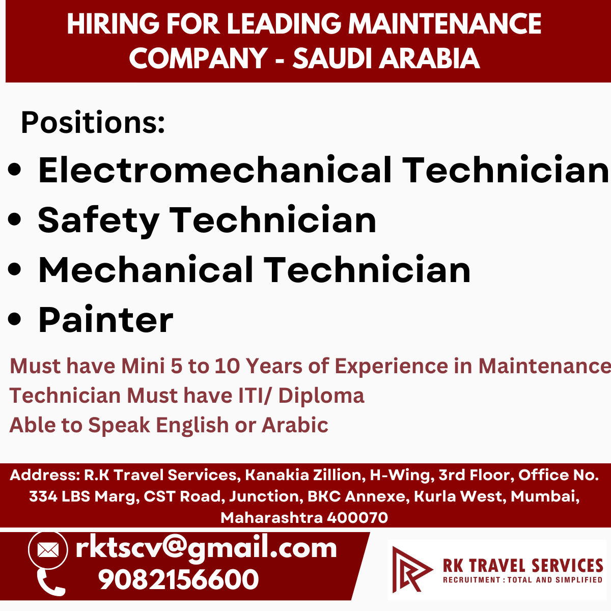 hiring for Leading Maintenance Company - Saudi Arabia