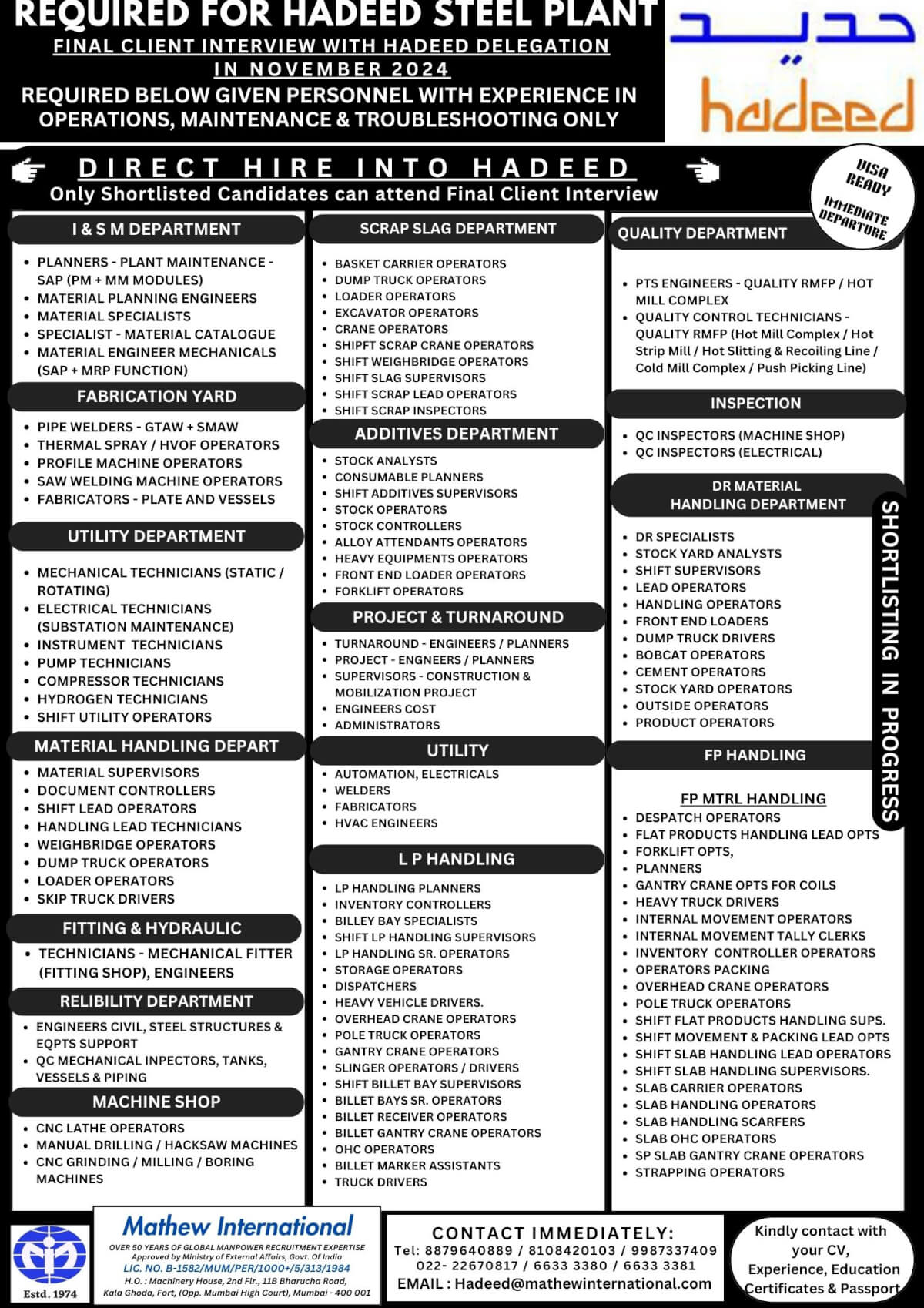 Required urgently for Hadeed Steel Plant. DIRECT HIRE ! Personnel having experience in Operations, Maintenance and Troubleshooting only