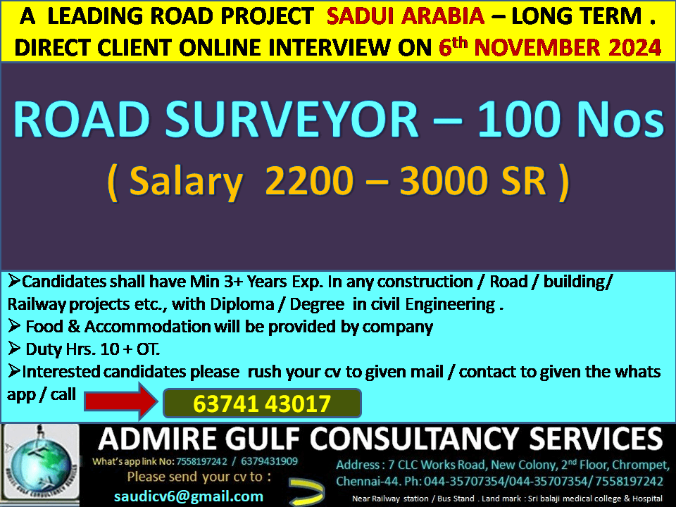 A  LEADING RIYADH ROAD PROJECT - SAUDI ARABIA- LONG TERM . DIRECT CLIENT ONLINE INTERVIEW ON 6th NOVEMBER 2024