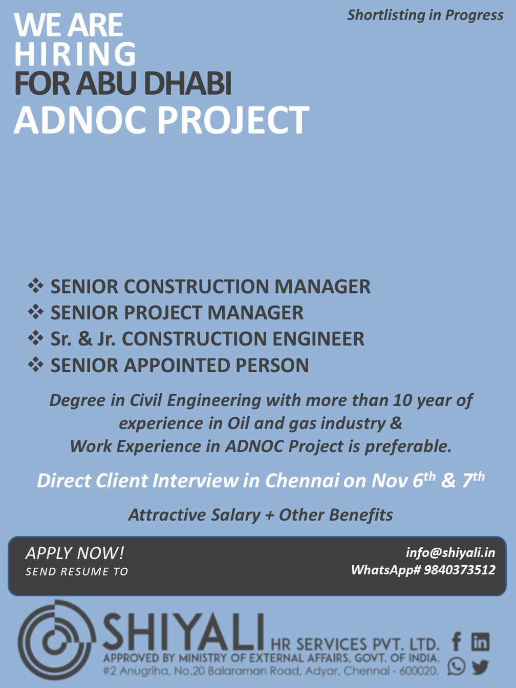 Sr. CONSTRUCTION MANAGER; SENIOR PROJECT MANAGER; Sr. & Jr. Construction Engineer; Sr. Appointed Person