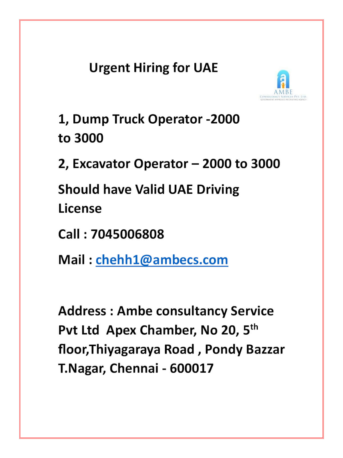 Urgent Hiring for Dubai