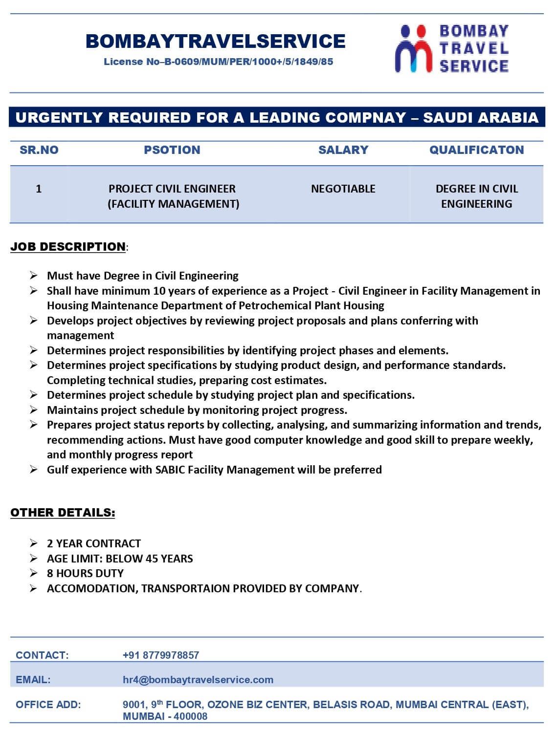 URGENTLY REQUIRED FOR A LEADING COMPANY - SAUDI ARABIA