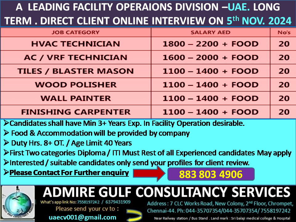 A LEADING FACILITY OPERATIONS  DIVISION - UAE . LONG TERM . DIRECT CLIENT ONLINE INTERVIEW ON 5th NOV. 2024