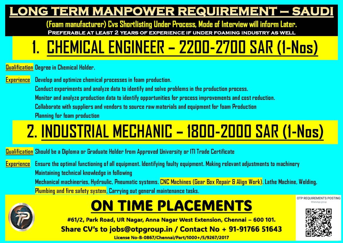 CHEMICAL ENGINEERS AND MECHANIC FOR FOAM INDUSTRY