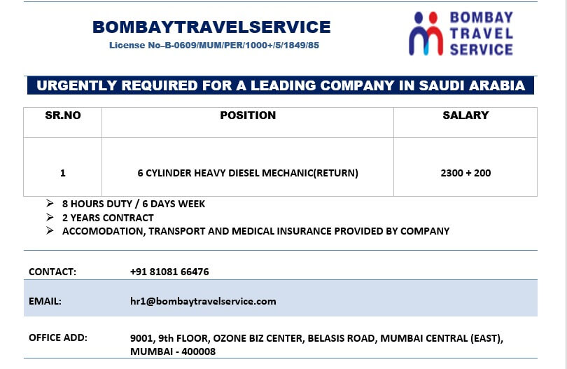 URGENTLY REQUIRED FOR A LEADING COMPANY IN SAUDI ARABIA