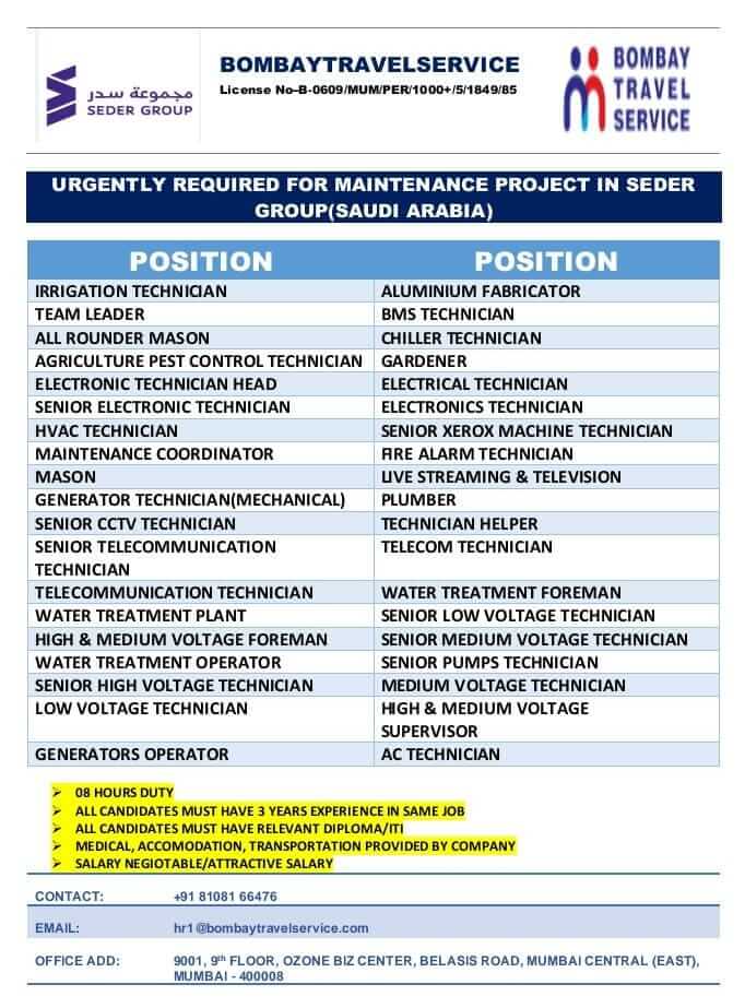 URGENTLY REQUIRED FOR A LEADING MAINTENANCE PROJECT FOR SAUDI ARABIA