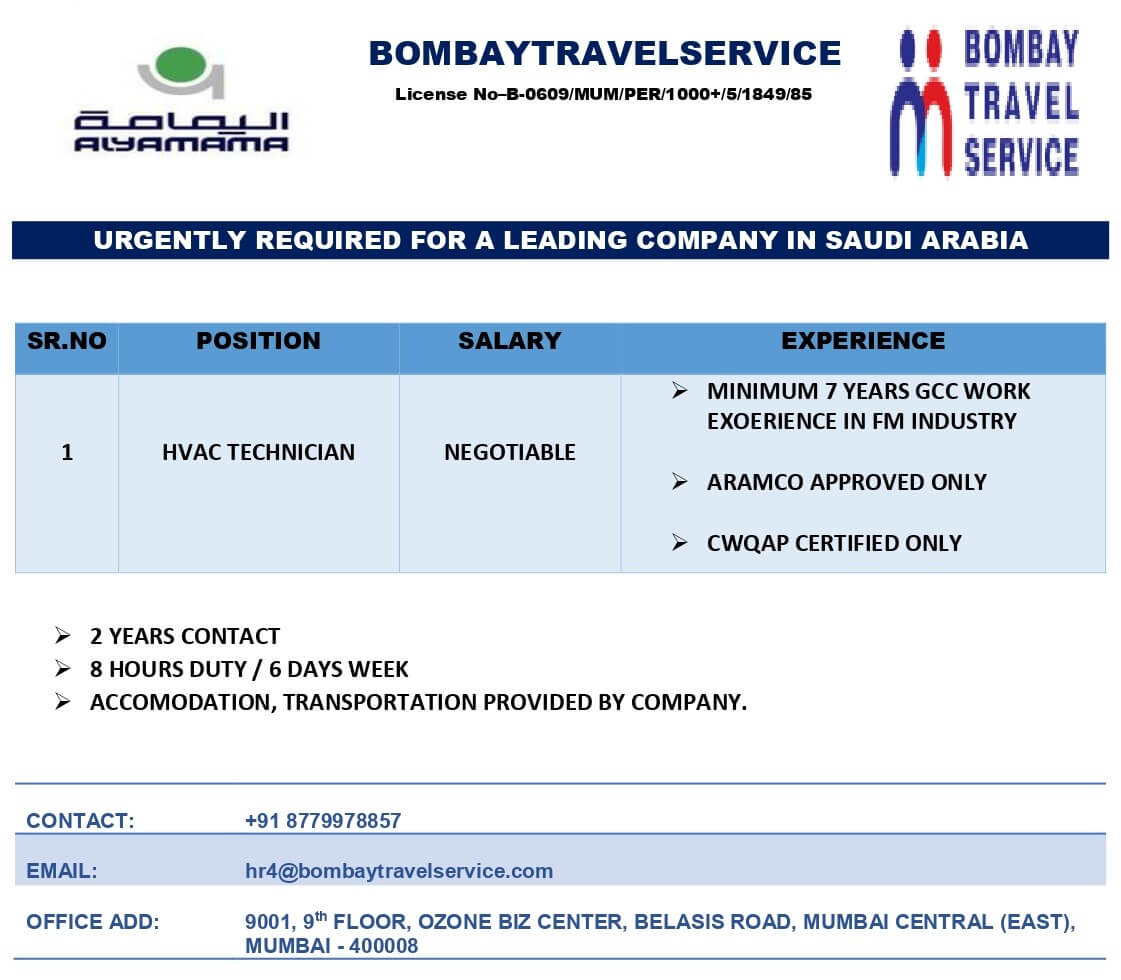 URGENTLY REQUIRED FOR A LEADING MAINTENANCE PROJECT FOR SAUDI ARABIA