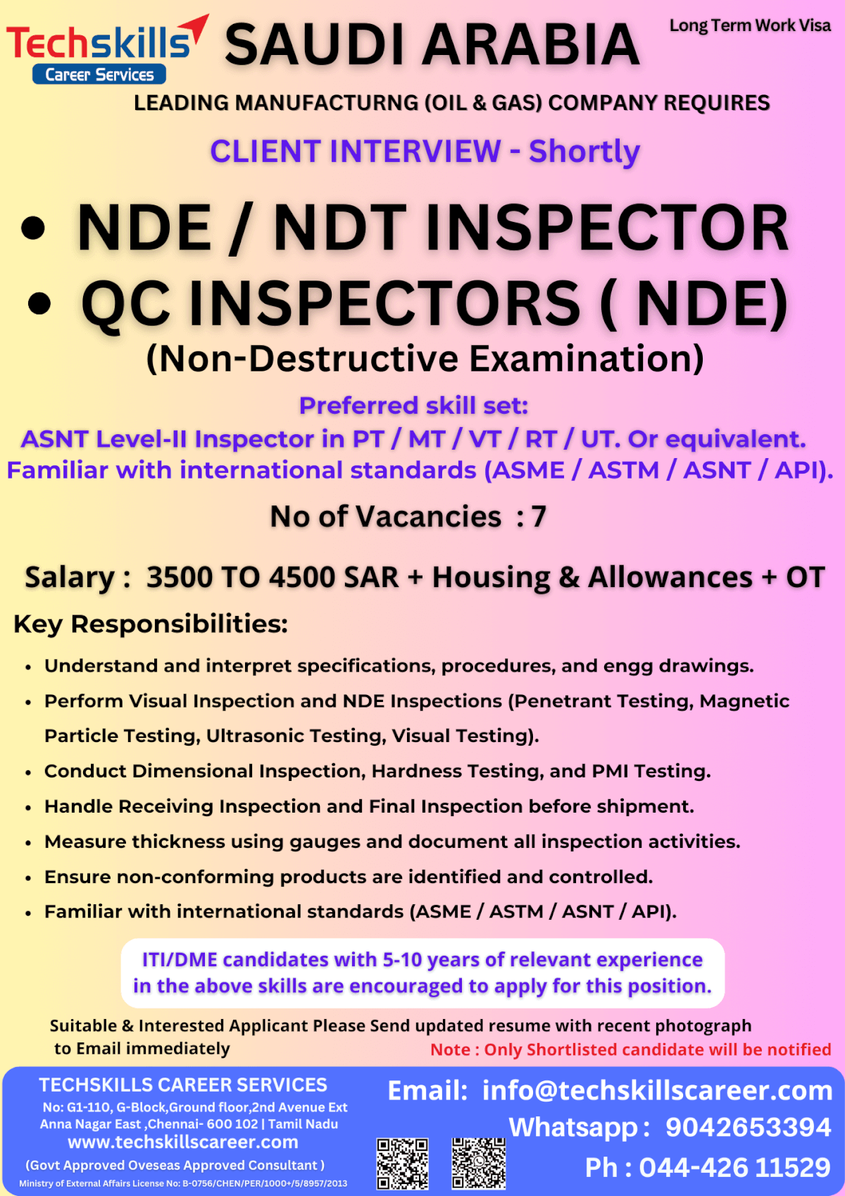 Reuired for Saudi Arabia- QC-NDE / NDT INSPECTOR  - Non Destructive Evaluation