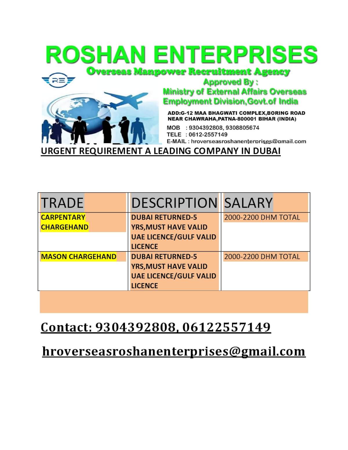 urgent requirement for Dubai