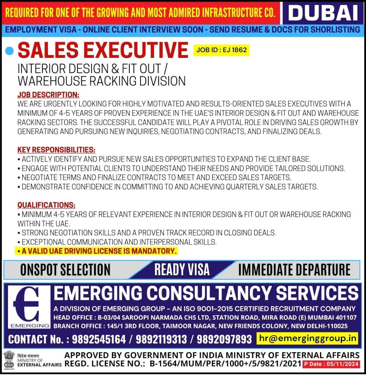 Required for one of the growing and most admired infrastructure company in Dubai - Employment Visa