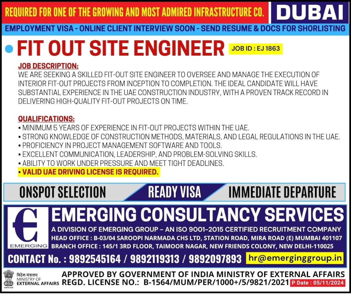 Required for one of the growing and most admired infrastructure company in Dubai - Employment Visa