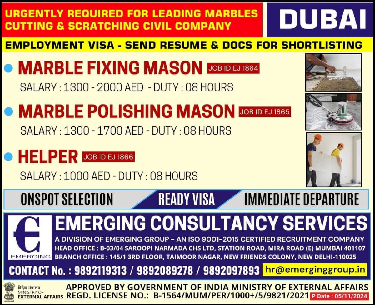 Urgently Required For Leading Marbles Cutting & Scratching Civil Company in Dubai - Employment Visa