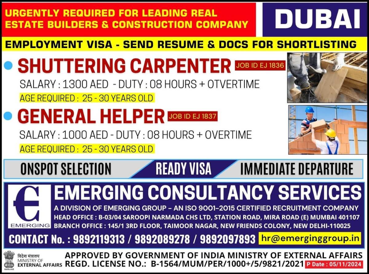 Urgently Required For Leading Real Estate Builders & Construction Company - Employment Visa